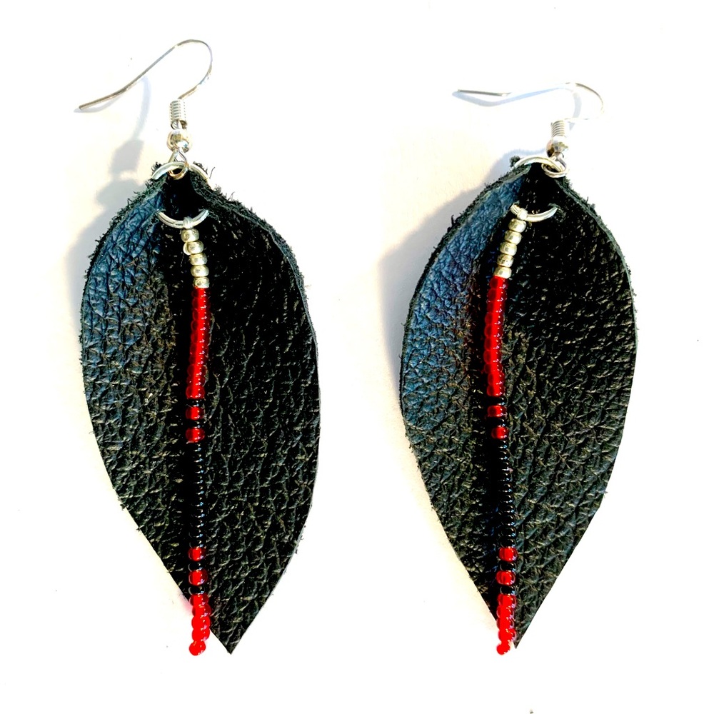 Hand-beaded Black Leather Petal Earrings, 3”
